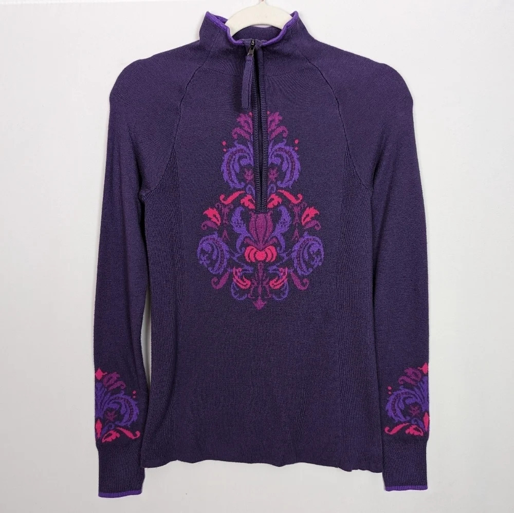 Athleta sz XS Stoked 1/2 Zip Pullover Knit Sweater Purple Floral Lotus Athletic
